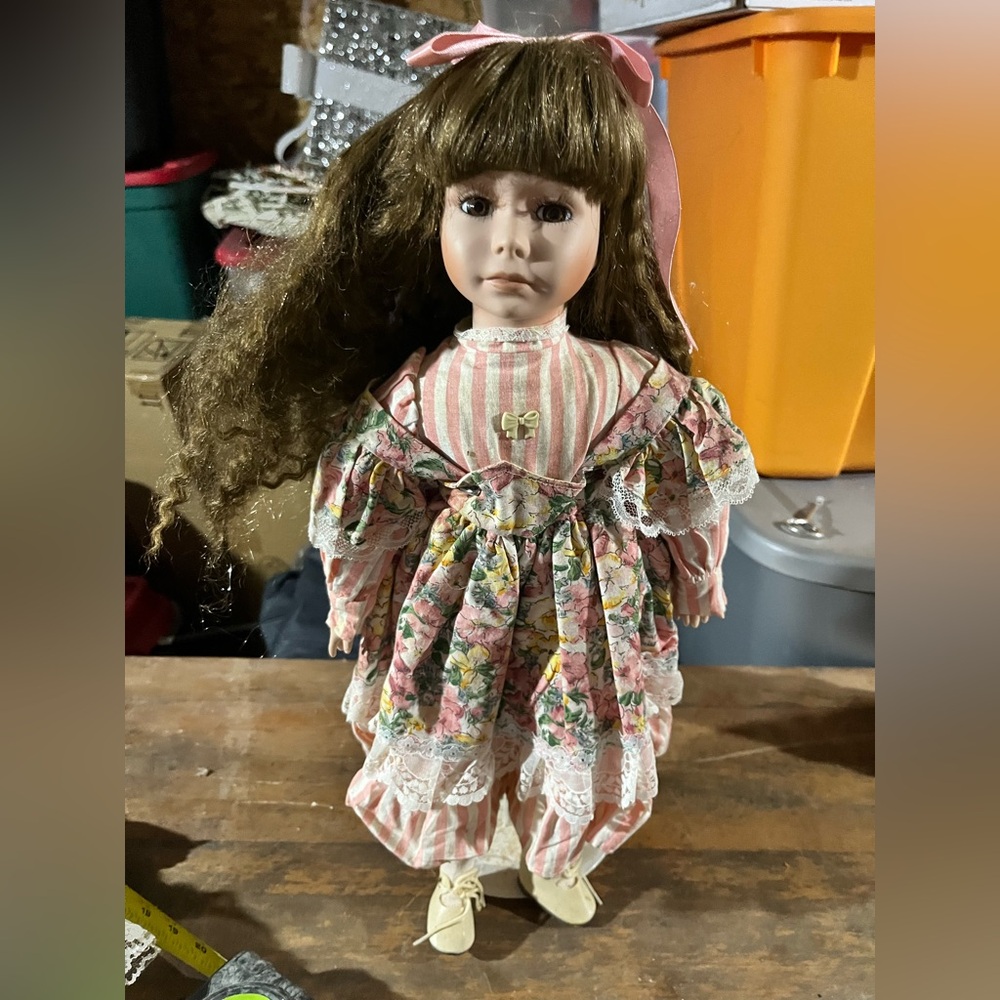Striped and Floral Porcelain Doll 17”